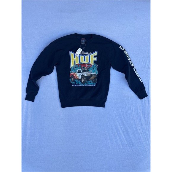 HUF x TOYOTA TRD 4x4 Pullover Graphic Print Crewneck Blue Sweater Sz S(Fits M)